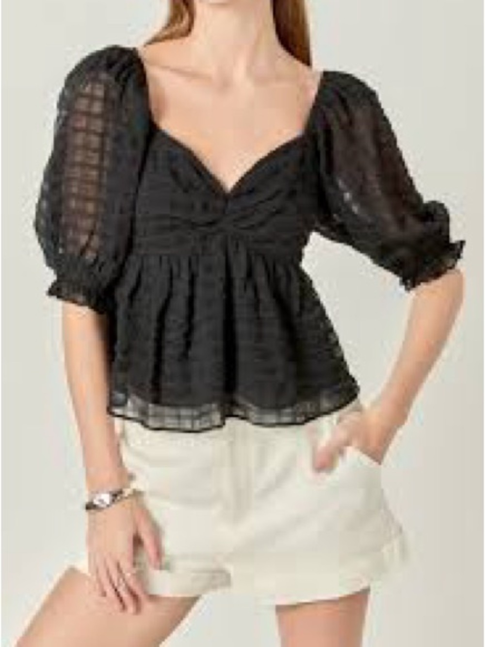English Factory Black Sheer Puff-Sleeve Peplum Blouse